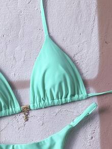 SHEIN Swim Women's Solid Color Halter Metal Pendant Sexy Thong Bikini Set For Summer - Green - View 5