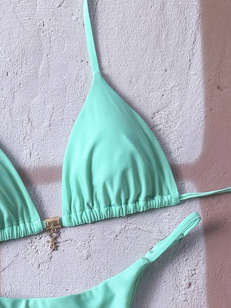 SHEIN Swim Women's Solid Color Halter Metal Pendant Sexy Thong Bikini Set For Summer - Green - View 5