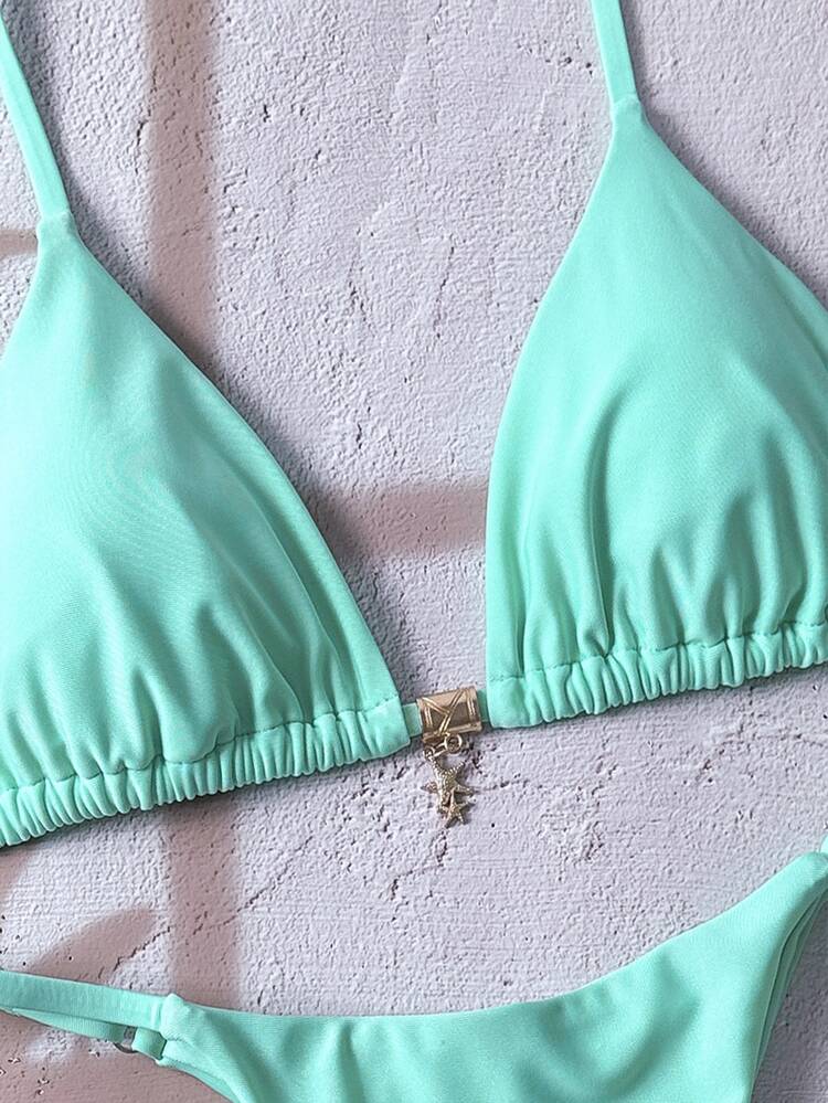 SHEIN Swim Women's Solid Color Halter Metal Pendant Sexy Thong Bikini Set For Summer - Green - View 6