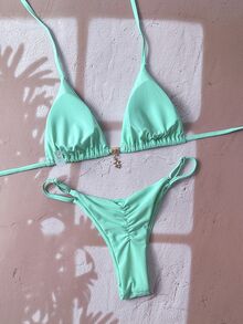 SHEIN Swim Women's Solid Color Halter Metal Pendant Sexy Thong Bikini Set For Summer - Green - View 3