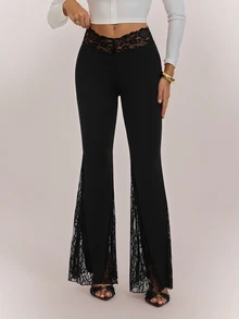 SHEIN Tall Elegant Tall Women's Low-Rise Flared Trousers With Knit And Lace Paneling - Black - View 8