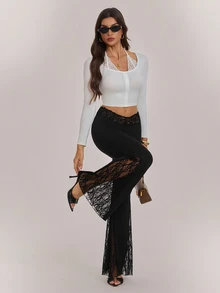 SHEIN Tall Elegant Tall Women's Low-Rise Flared Trousers With Knit And Lace Paneling - Black - View 7