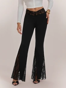 SHEIN Tall Elegant Tall Women's Low-Rise Flared Trousers With Knit And Lace Paneling - Black - View 5