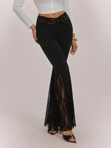 SHEIN Tall Elegant Tall Women's Low-Rise Flared Trousers With Knit And Lace Paneling - Black - View 3