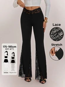 SHEIN Tall Elegant Tall Women's Low-Rise Flared Trousers With Knit And Lace Paneling - Black - View 4