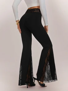 SHEIN Tall Elegant Tall Women's Low-Rise Flared Trousers With Knit And Lace Paneling - Black - View 2