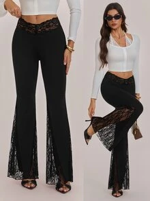 SHEIN Tall Elegant Tall Women's Low-Rise Flared Trousers With Knit And Lace Paneling - Black - View 1