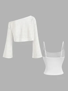 SHEIN MOD Yellow Asymmetric Shoulder Flared Sleeve Top 2pcs Set - White - View 5