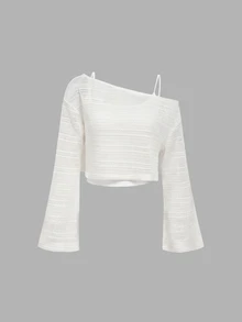 SHEIN MOD Yellow Asymmetric Shoulder Flared Sleeve Top 2pcs Set - White - View 2