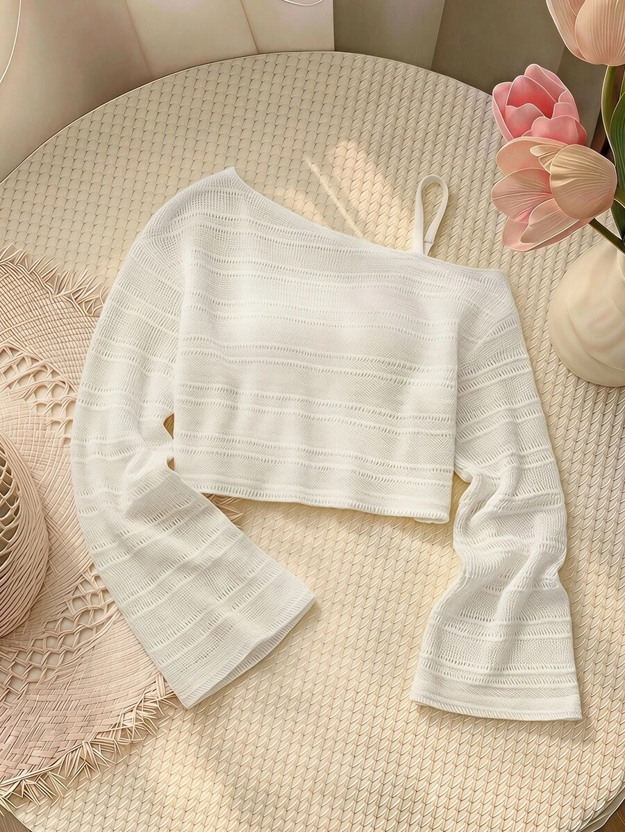 SHEIN MOD 黃色不對稱單肩喇叭袖上衣兩件組 - 白色 - 查看 1