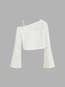 SHEIN MOD Yellow Asymmetric Shoulder Flared Sleeve Top 2pcs Set - White - View 4