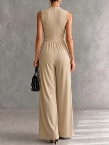 Breezaya Women's Elegant Casual Lace Patchwork Pleated Jumpsuit For Vacation Beige Summer - Apricot - View 2