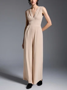 Breezaya Women's Elegant Casual Lace Patchwork Pleated Jumpsuit For Vacation Beige Summer - Apricot - View 6