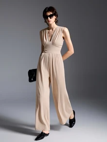 Breezaya Women's Elegant Casual Lace Patchwork Pleated Jumpsuit For Vacation Beige Summer - Apricot - View 3