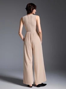 Breezaya Women's Elegant Casual Lace Patchwork Pleated Jumpsuit For Vacation Beige Summer - Apricot - View 5