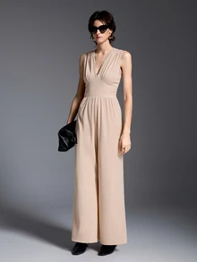 Breezaya Women's Elegant Casual Lace Patchwork Pleated Jumpsuit For Vacation Beige Summer - Apricot - View 7
