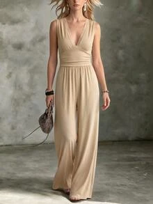 Breezaya Women's Elegant Casual Lace Patchwork Pleated Jumpsuit For Vacation Beige Summer - Apricot - View 1