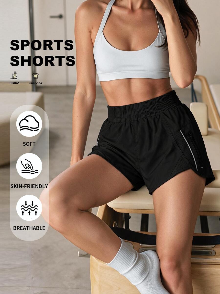Eassivo Eassivo Solid Zip Pocket Sports Shorts Sweater Shorts - Black - View 1