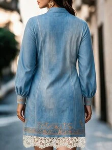 EMERY ROSE Plus Size Women's Elegant Denim Effect Embroidered Positioned Print Round Collar Straight Cut Contrast Color Long Sleeve Dress, Metal Zipper Lace Design, Comfortable Daily Commute, Outing Date Party Outfit Dress - Baby Blue - View 2