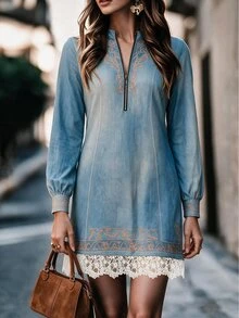EMERY ROSE Plus Size Women's Elegant Denim Effect Embroidered Positioned Print Round Collar Straight Cut Contrast Color Long Sleeve Dress, Metal Zipper Lace Design, Comfortable Daily Commute, Outing Date Party Outfit Dress - Baby Blue - View 3