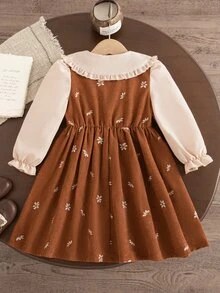 SHEIN 1件女童美拉德復古風2合1洋裝，身部花卉刺繡，彼得潘領配3D花朵裝飾，拼接長袖附荷葉袖口，收腰A字中長洋裝，適中厚度，柔軟貼身，適合日常穿著與假日活動，氛圍感十足，適合春秋季節 - 彩色 - 查看 9