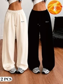 SHEIN Tween Girls Autumn/Winter Two-Piece Set In Black And White,Casual Baggy, Fall Style,Cute Urban Outdoor Sports Gym Knit Straight Leg Sweatpants, - Multicolor - View 6