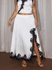 Rustia European Women's Plus Size Elegant Lace Trim Slit Patchwork Long Slimming A-Line Skirt Fall - Black and White - View 1