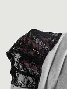 SHEIN MOD 女款灰色蕾絲拼接彈性T恤，適合夜店聚會、夏季性感優雅穿搭 - 淺灰色 - 查看 6