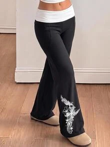 SHEIN 青少年女孩秋季四季通用黑色喇叭褲，白色對比腰帶印花，Y2K修身設計，休閒日常返校度假款 - 黑與白 - 查看 1