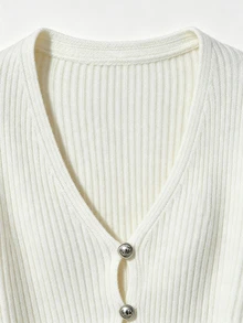 Autumina White Ribbed Waist-Cinched Slim-Fit Flared Hem V-Neck Fashionable Minimalist Commuter Sexy Elegant Modern Knit Cardigan For Women - White - View 7