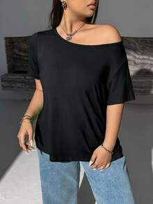 EMERY ROSE 2pcs/Set Oblique Shoulder Loose T-Shirt,Asymmetric Shoulder Off-Shoulder T-Shirt, Plus Size Women's Top - Multicolor - View 3