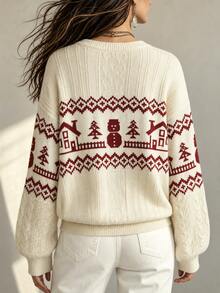 SHEIN Franclia New Christmas Cable Knit Crew Neck Fair Isle Pullover Sweater - Apricot - View 2