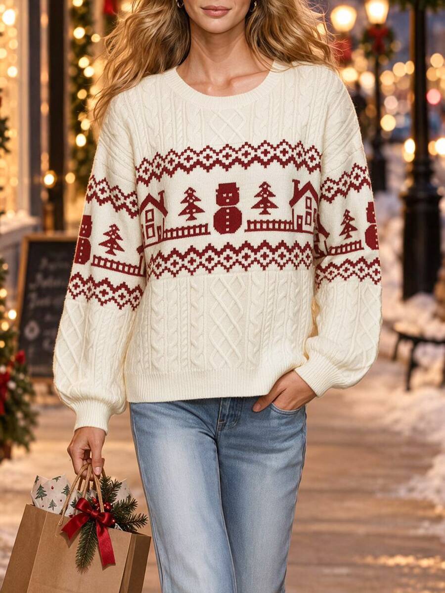 SHEIN Franclia New Christmas Cable Knit Crew Neck Fair Isle Pullover Sweater - Apricot - View 1