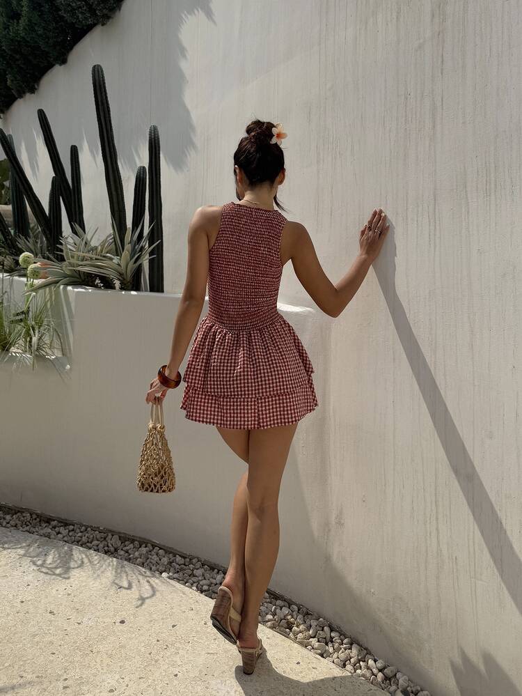Sunnyshic Vestido corto de ajuste ceñido sin mangas con estampado de cuadros azules y cinturón, estilo francés dulce para vacaciones de verano - Multicolor - Añade 2