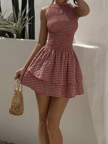 Sunnyshic Blue Plaid Sleeveless Slim-Fit Belted Mini Dress, Sweet French Style For Summer Vacation - Multicolor - View 4