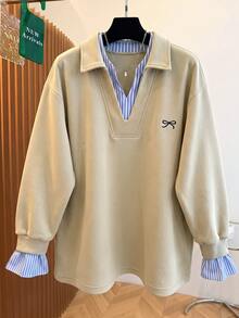 Franclia Plus Size Bow Print Casual Loose Fit Pullover Sweatshirt Fall Winter - Khaki - View 3
