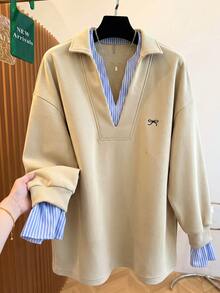 Franclia Plus Size Bow Print Casual Loose Fit Pullover Sweatshirt Fall Winter - Khaki - View 7