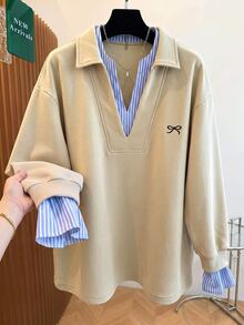Franclia Plus Size Bow Print Casual Loose Fit Pullover Sweatshirt Fall Winter - Khaki - View 4