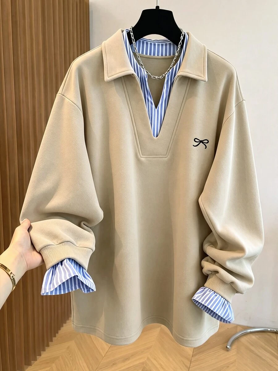 Franclia Plus Size Bow Print Casual Loose Fit Pullover Sweatshirt Fall Winter - Khaki - View 1