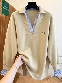 Franclia Plus Size Bow Print Casual Loose Fit Pullover Sweatshirt Fall Winter - Khaki - View 5