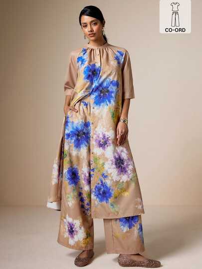 LOTSLUV Women's Tan Ivory Blue Floral Print Two Pieces Set,Loose Tunic Top,Wide Leg Pants,Stand Collar,Three Quarter Sleeve,Western Elegant,Diwali,Women's Set