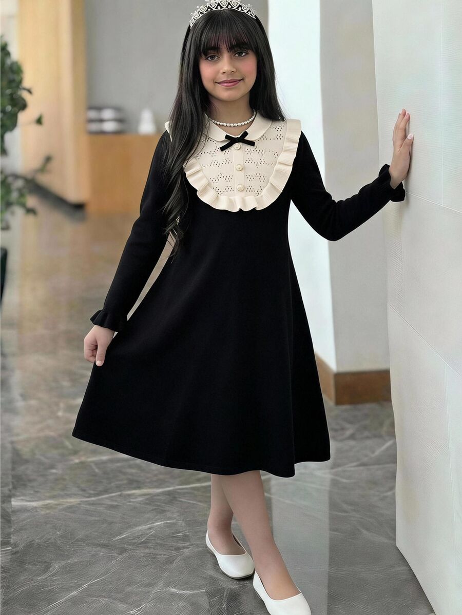 SHEIN Kids Girls 1pc Contrast Ruffle Trim Flounce Sleeve Bow Front Sweater Autumn Dress - Black - View 1