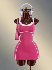 Mistrie 女款拼色雙肩帶運動連身裙附短褲 - 玫紅色 - 查看 4