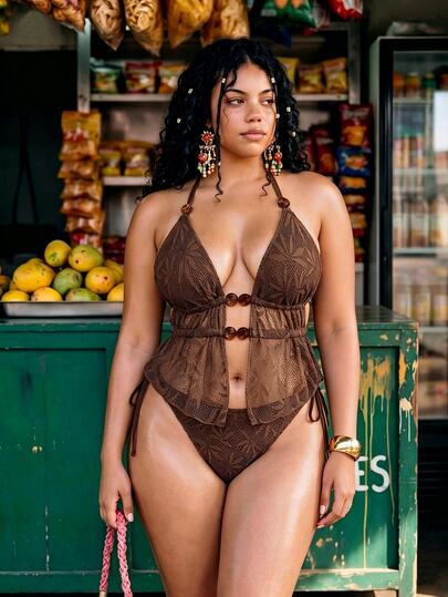 Swim Vcay Women's Spring/Summer Halter Neck Solid Color Side Tie Drawstring Beach Swimwear Set Plus Size (Random Accessories)