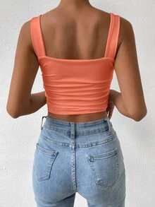 SHEIN Unity Ladies' Solid Color Slim-Fit Backless Casual Fashion Tank Top With Cinched Waist - Coral Pink - View 2