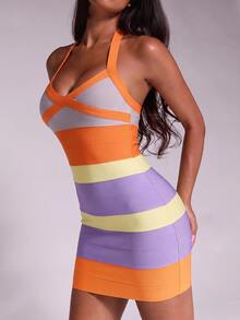 Nuvra Sexy Colorblock Striped Halter Bodycon Bandage Dress - Multicolor - View 9