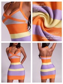 Nuvra Sexy Colorblock Striped Halter Bodycon Bandage Dress - Multicolor - View 14
