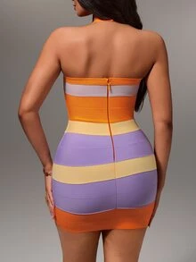 Nuvra Sexy Colorblock Striped Halter Bodycon Bandage Dress - Multicolor - View 2
