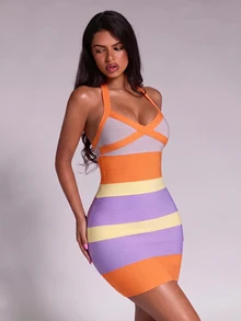 Nuvra Sexy Colorblock Striped Halter Bodycon Bandage Dress - Multicolor - View 13