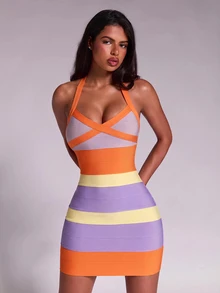 Nuvra Sexy Colorblock Striped Halter Bodycon Bandage Dress - Multicolor - View 12